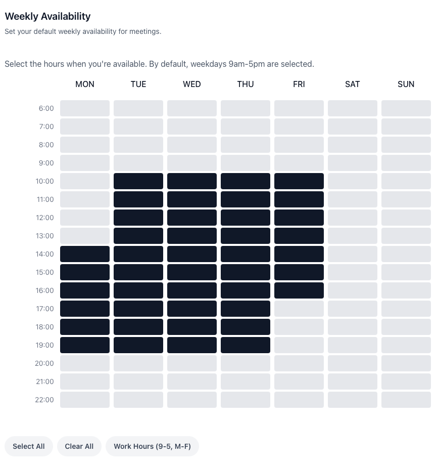 Availability settings in calendr.so showing working hours, buffers, and booking-window controls for an appointment scheduling page