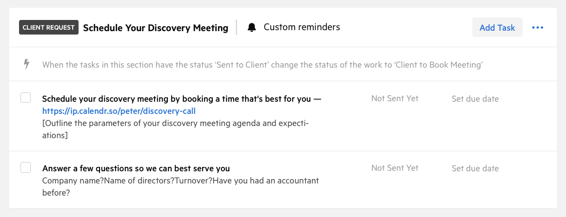 Event type settings in calendr.so showing Karbon contact types, work templates, and intake field mapping for an accounting firm booking page
