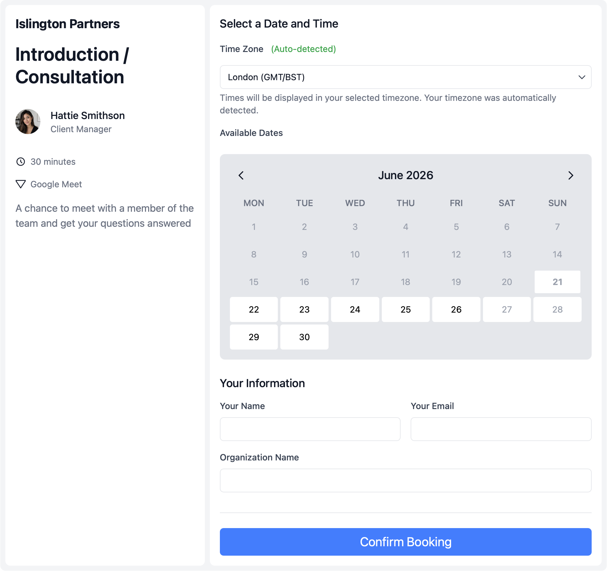 Tax document collection booking page