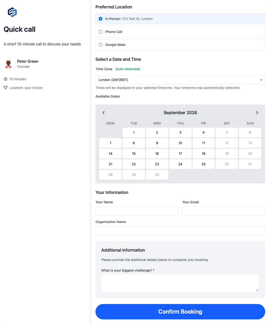 Client appointment booking page for a small business