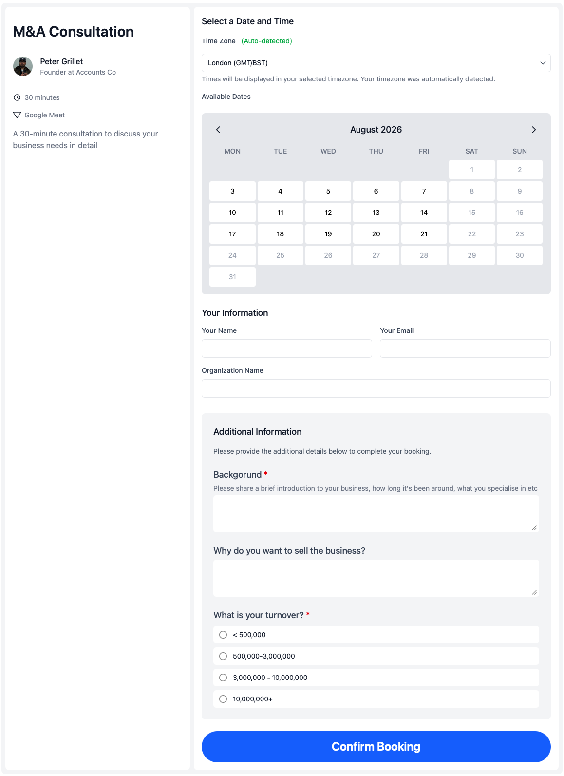 Client-facing calendr.so booking page collecting additional information before an accounting firm meeting is confirmed