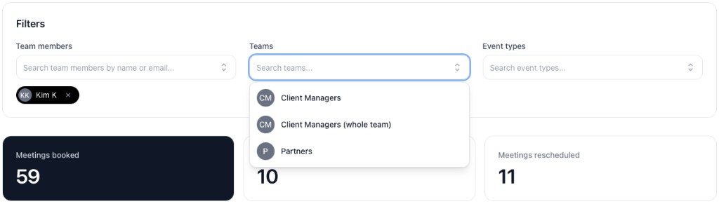 Booking report filters in calendr.so for team members, teams, and event types with summary metrics below
