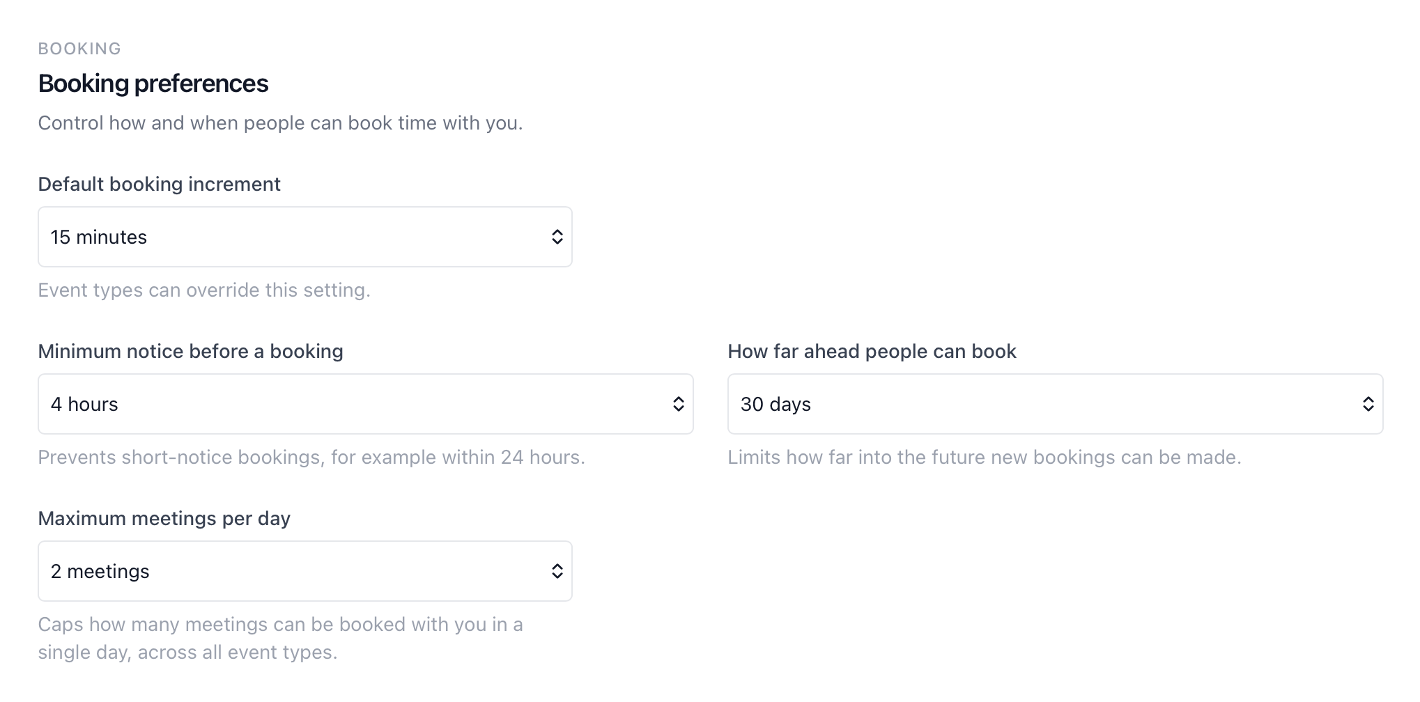 Profile booking preferences in calendr.so showing maximum meetings per day alongside minimum notice and booking window settings