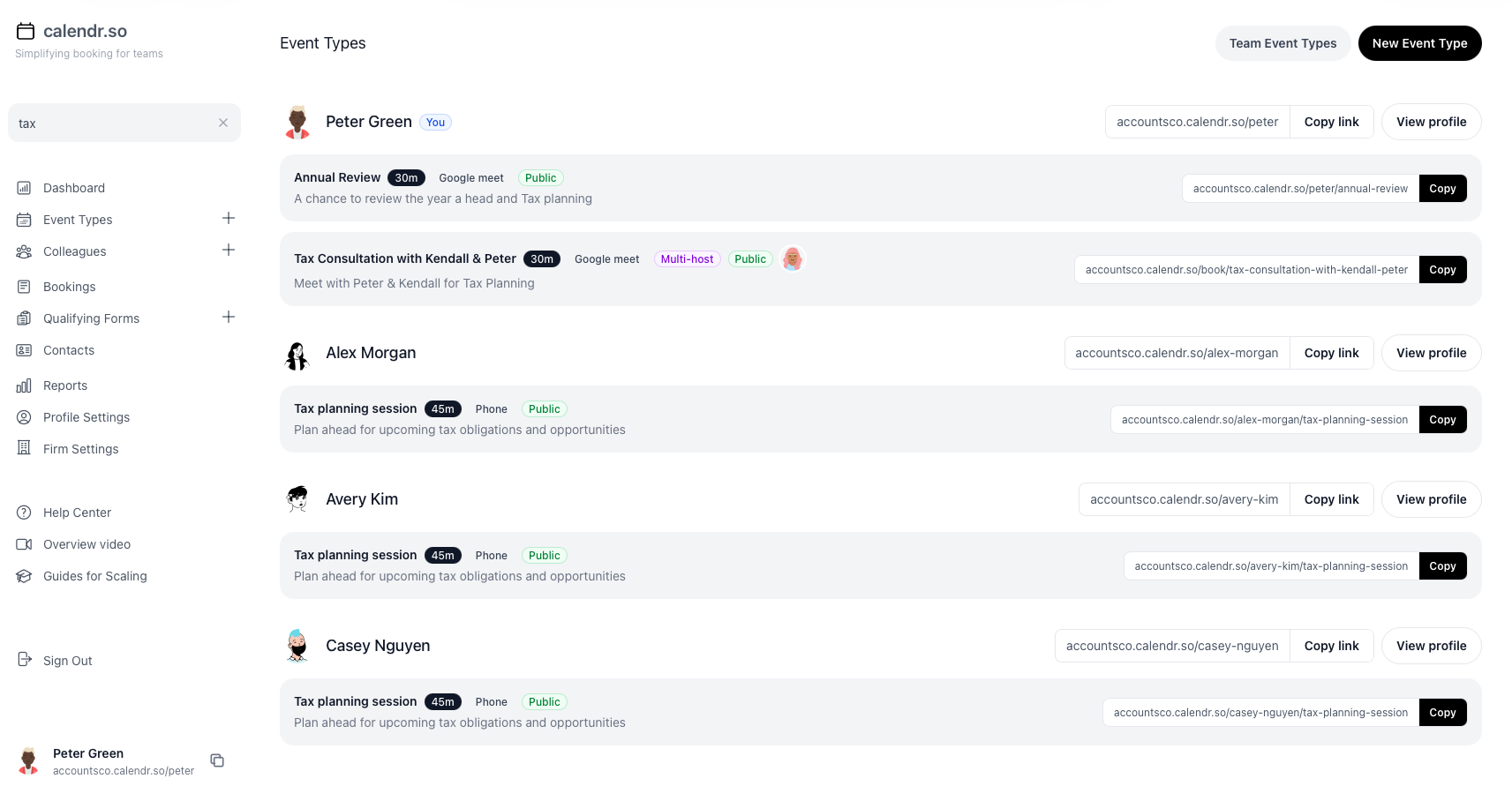 The calendr.so event types page with sidebar search showing every colleague's matching links on one screen