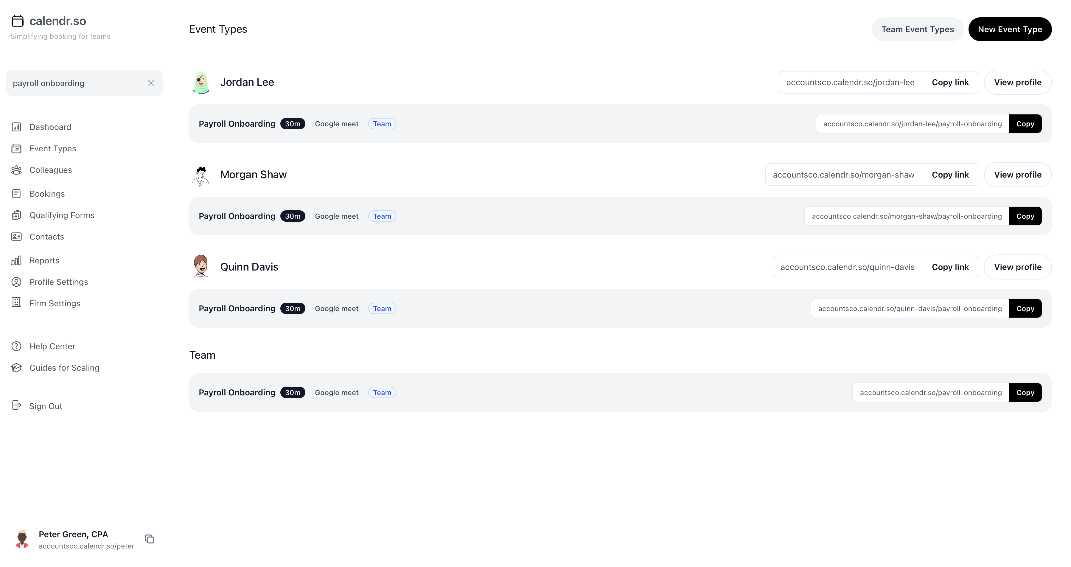 The calendr.so event types page with sidebar search showing every colleague's matching links on one screen