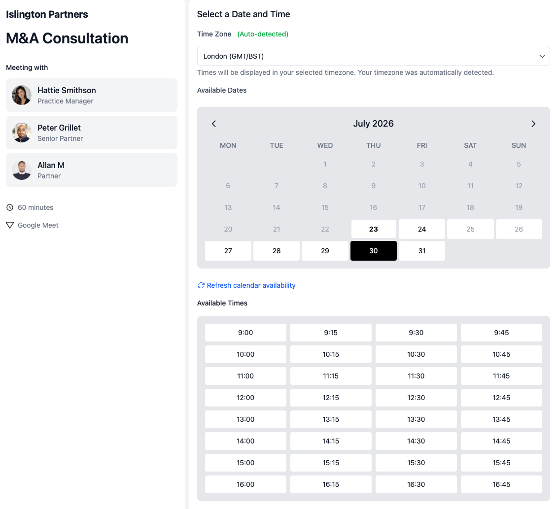 A calendr.so page for a call with three required hosts, showing only the times all three are free