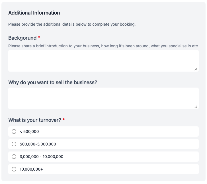 Booking form builder in calendr.so with text areas and multiple-choice questions