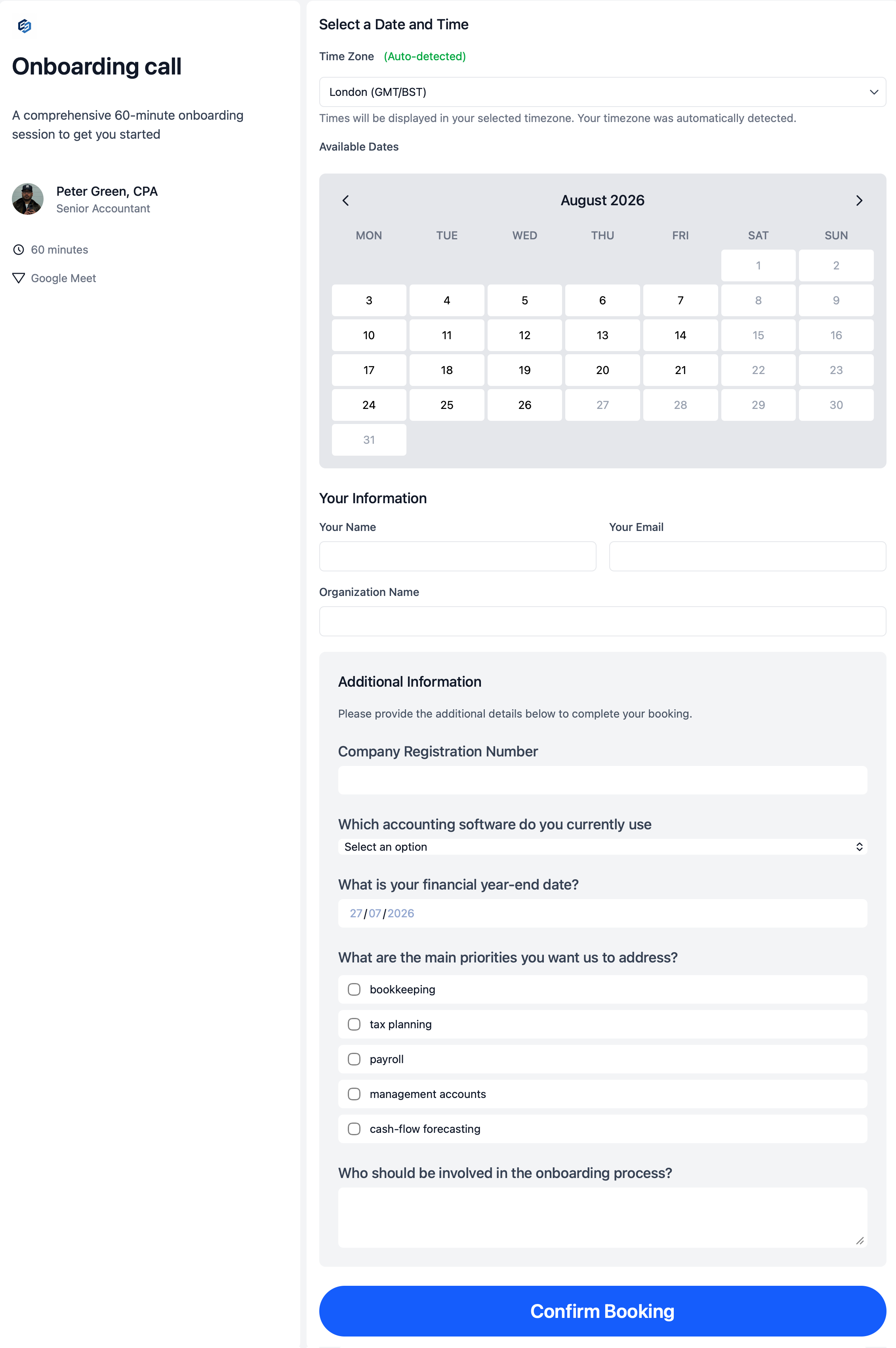 A calendr.so page for an onboarding call, showing the team-set wording, duration, location and questions