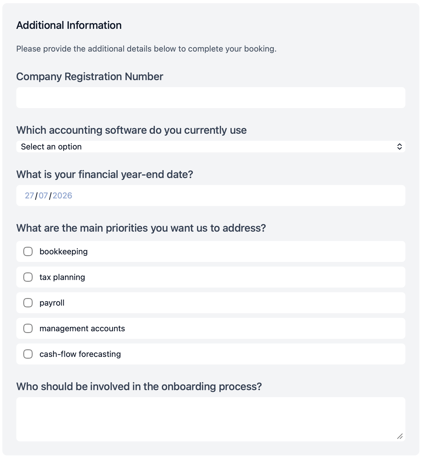 Client onboarding booking page with intake questions