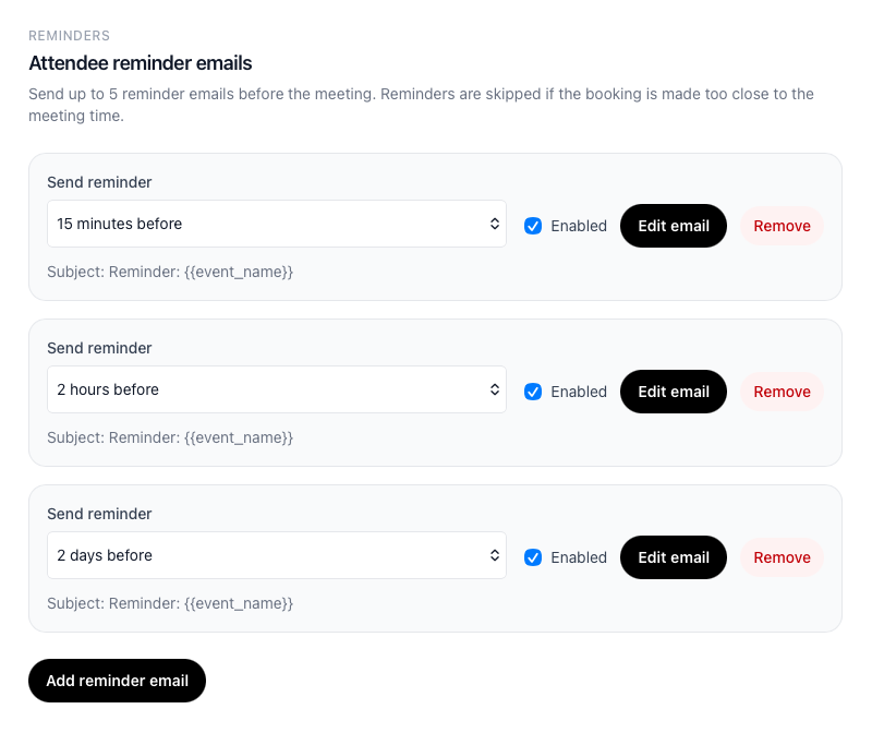 calendr.so booking page settings where teams configure attendee reminder emails with custom timing and email templates before appointments