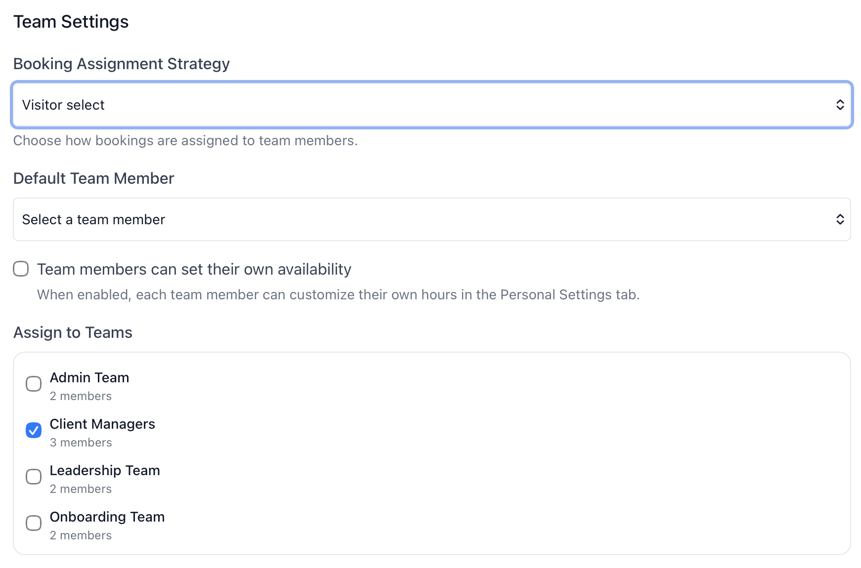 Team event type settings in calendr.so showing meeting options connected to multiple team members